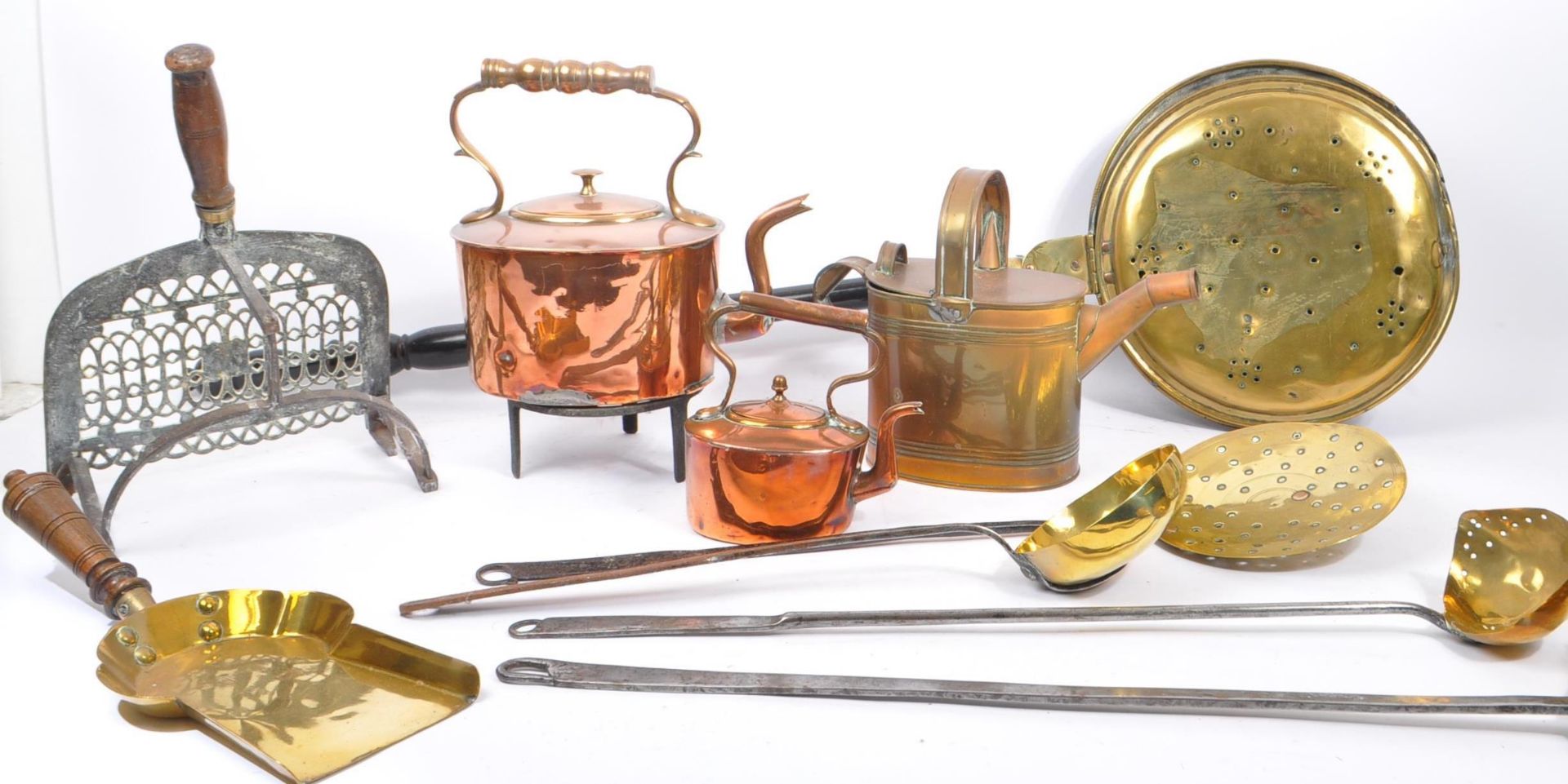 COLLECTION OF 19TH CENTURY BRASS COPPER IRON FIRESIDE WARE