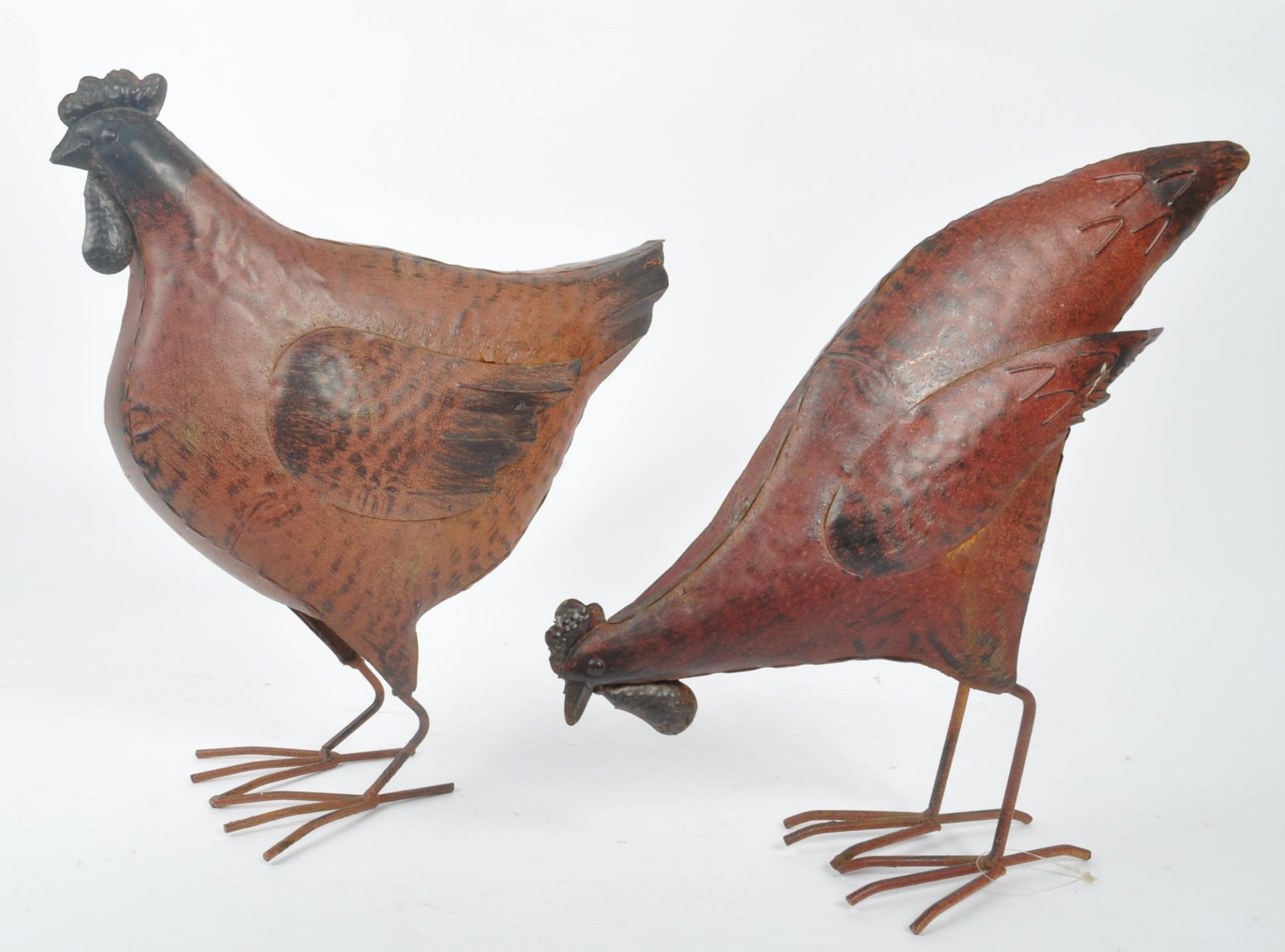 TWO 20TH CENTURY DECORATIVE METAL GARDEN CHICKENS