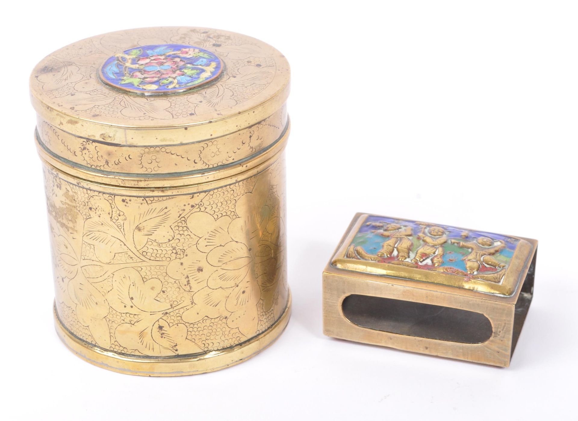 1920S CHINESE BRASS ENAMELLED TEA CADDY AND MATCHBOX