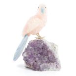 CARVED ROSE QUARTZ AND AVENTURINE PARROT SCULPTURE