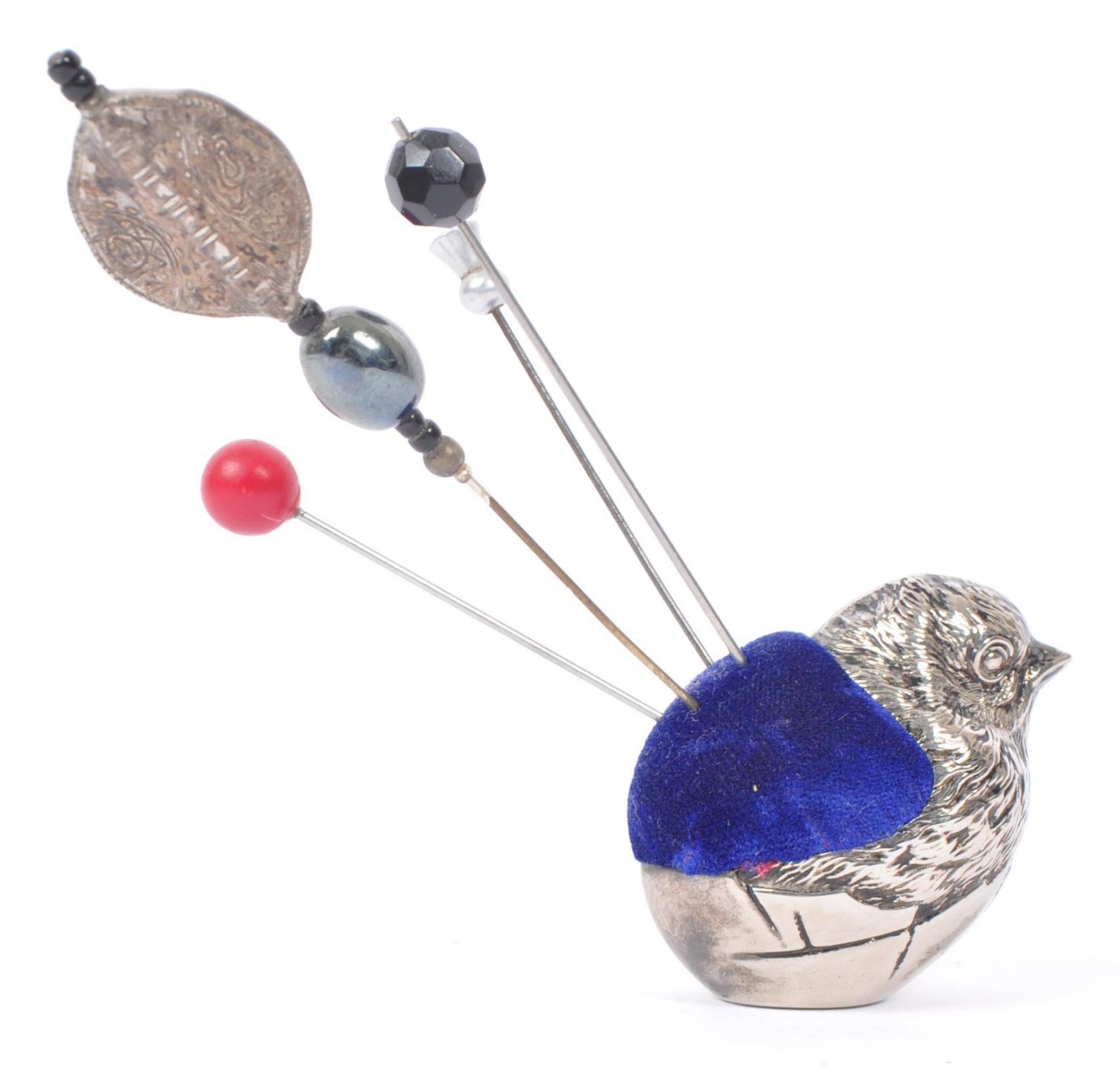 SILVER PLATED CHICK PIN CUSHION WITH HAT PINS - Image 3 of 5