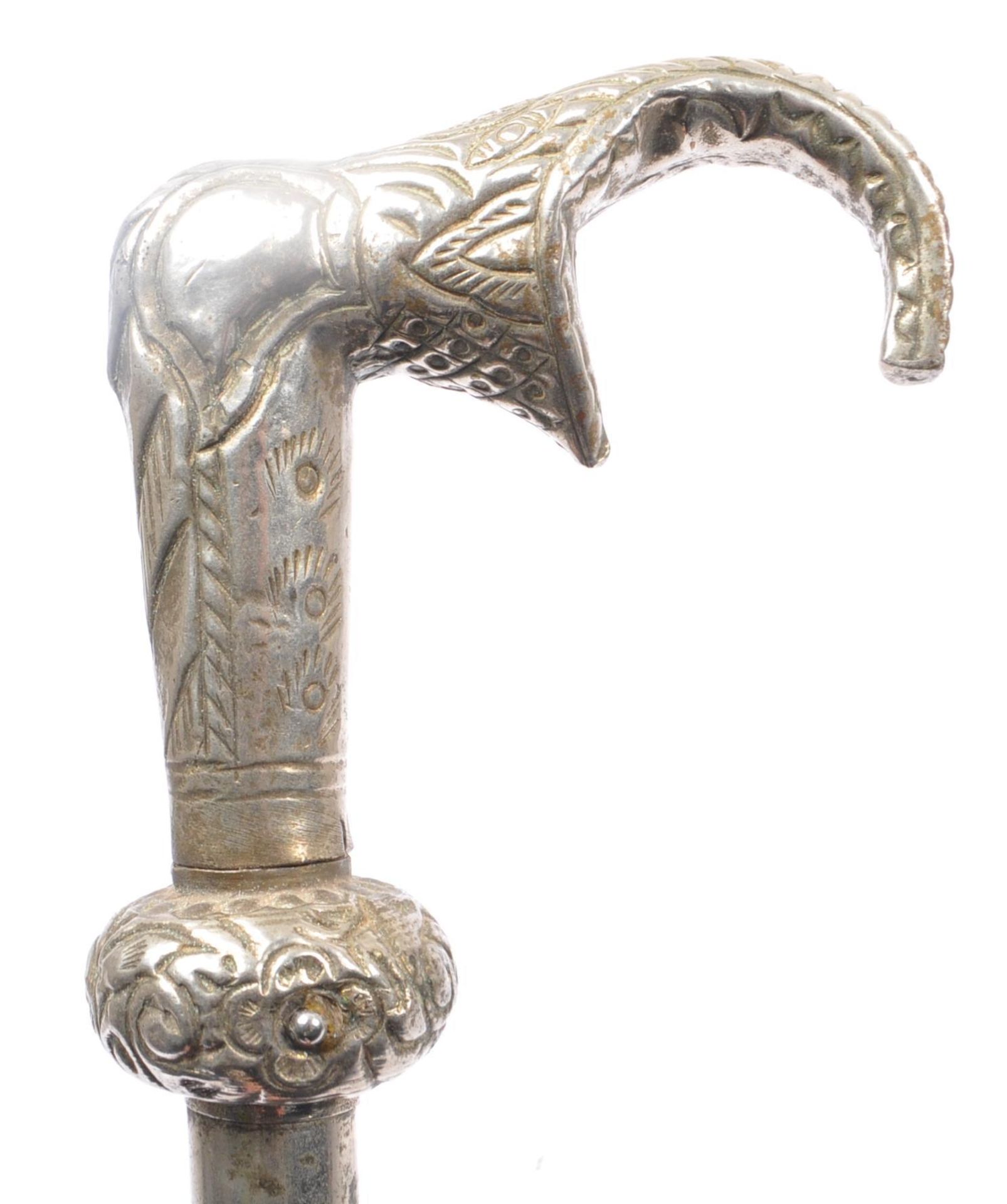 VINTAGE 20TH CENTURY INDIAN WHITE METAL ELEPHANT WALKING STICK - Image 4 of 5