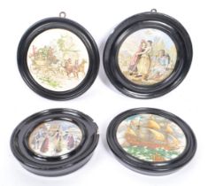 FOUR 19TH CENTURY VICTORIAN FRAMED PRATTWARE CERAMIC LIDS