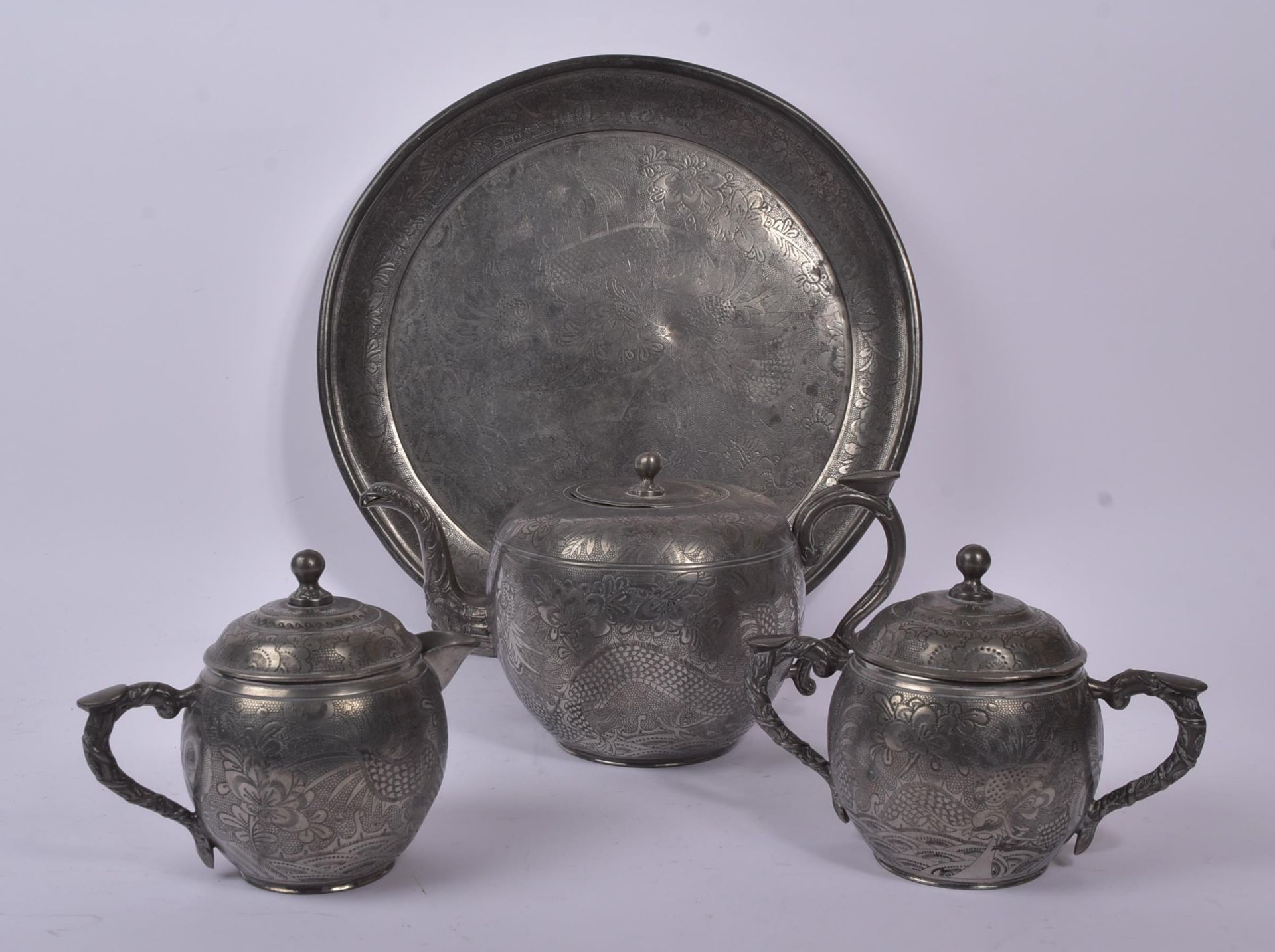 CHINESE KUT HING SWATOW FOUR PIECE PEWTER TEA SET - Image 3 of 8