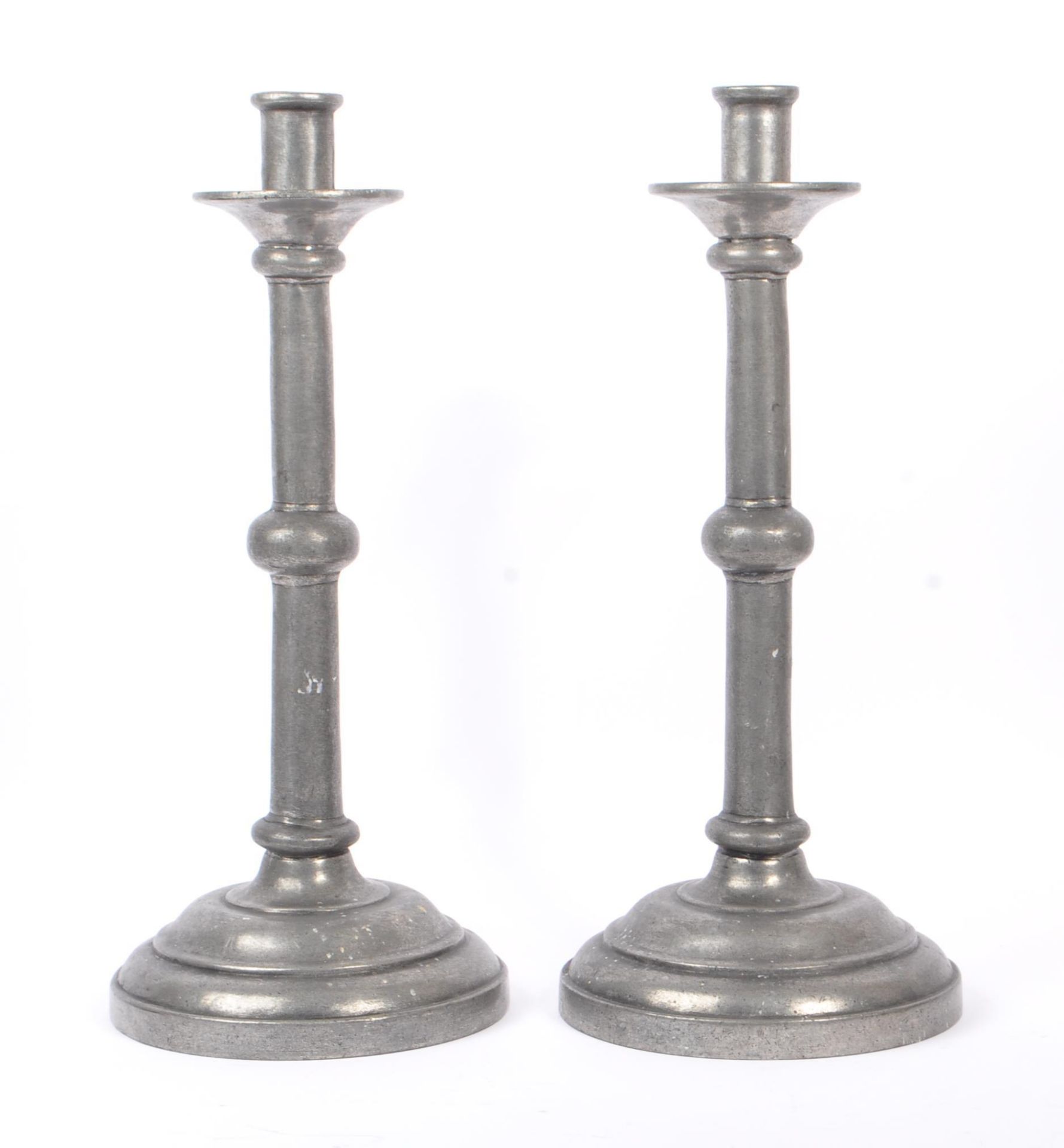 TWO LARGE FRENCH TIN PEWTER CANDLESTICKS