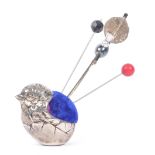 SILVER PLATED CHICK PIN CUSHION WITH HAT PINS