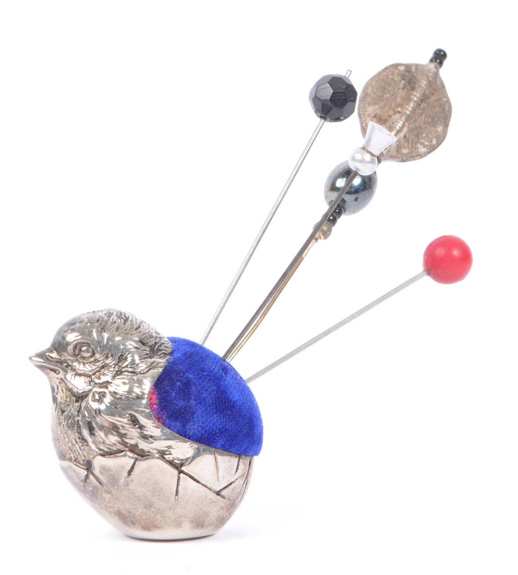 SILVER PLATED CHICK PIN CUSHION WITH HAT PINS