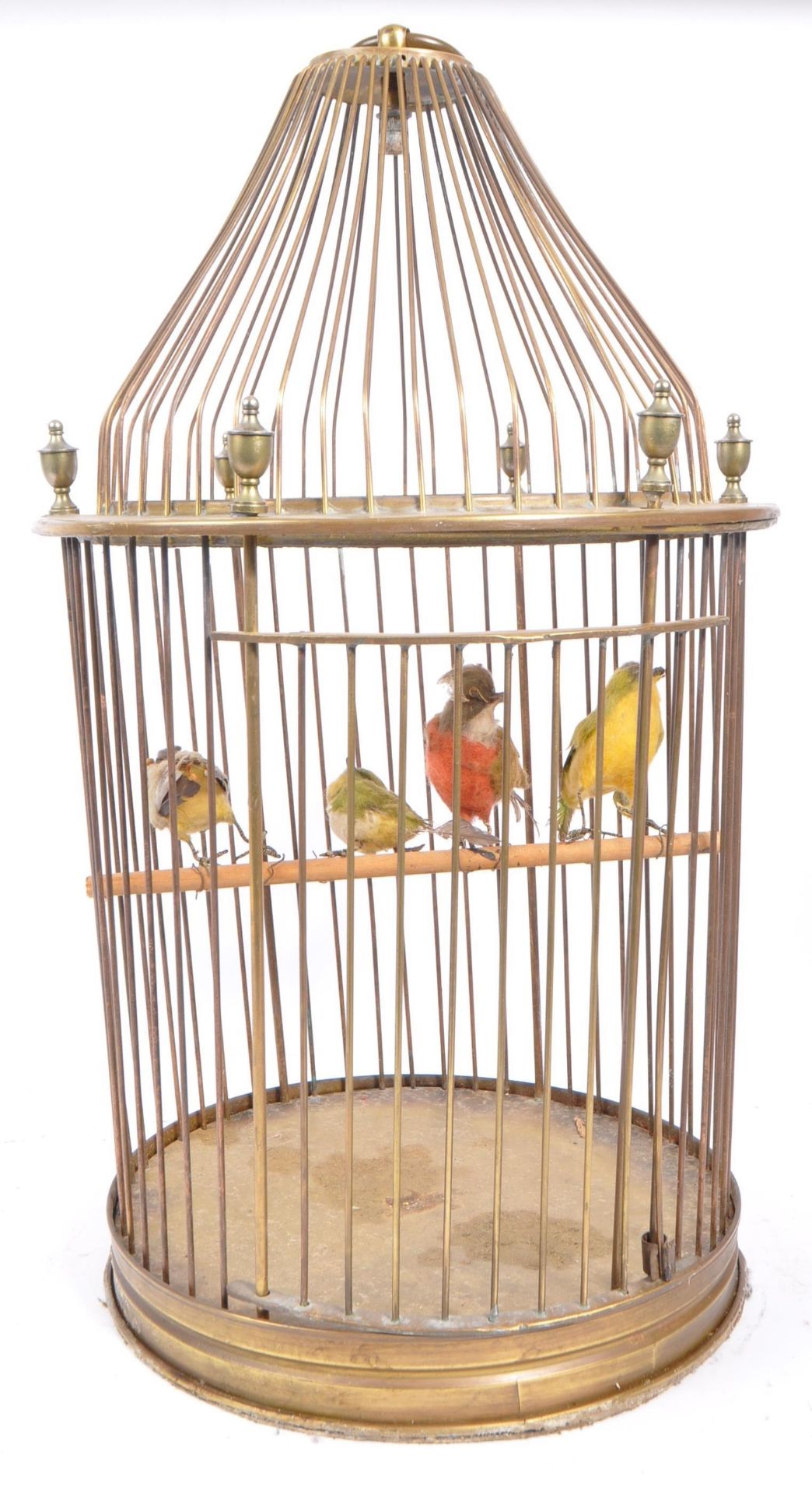 EDWARDIAN BRASS BIRD CAGE WITH FELT BIRDS WITHIN