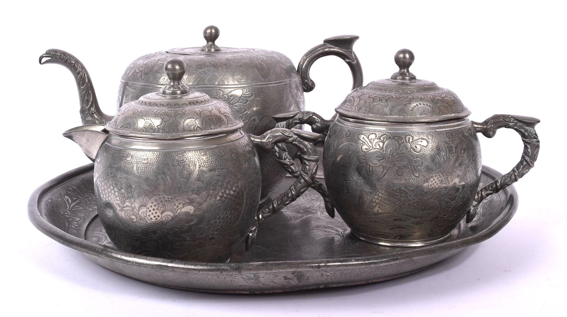 CHINESE KUT HING SWATOW FOUR PIECE PEWTER TEA SET