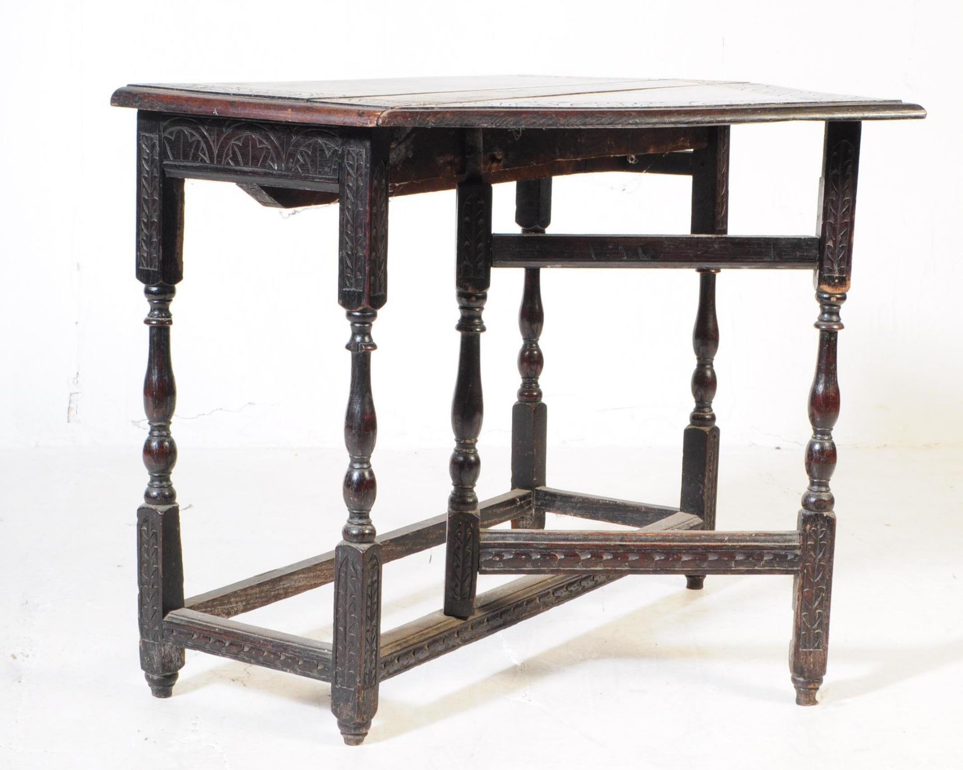 19TH CENTURY VICTORIAN CARVED OAK TOP DROP LEAF TABLE - Image 2 of 6