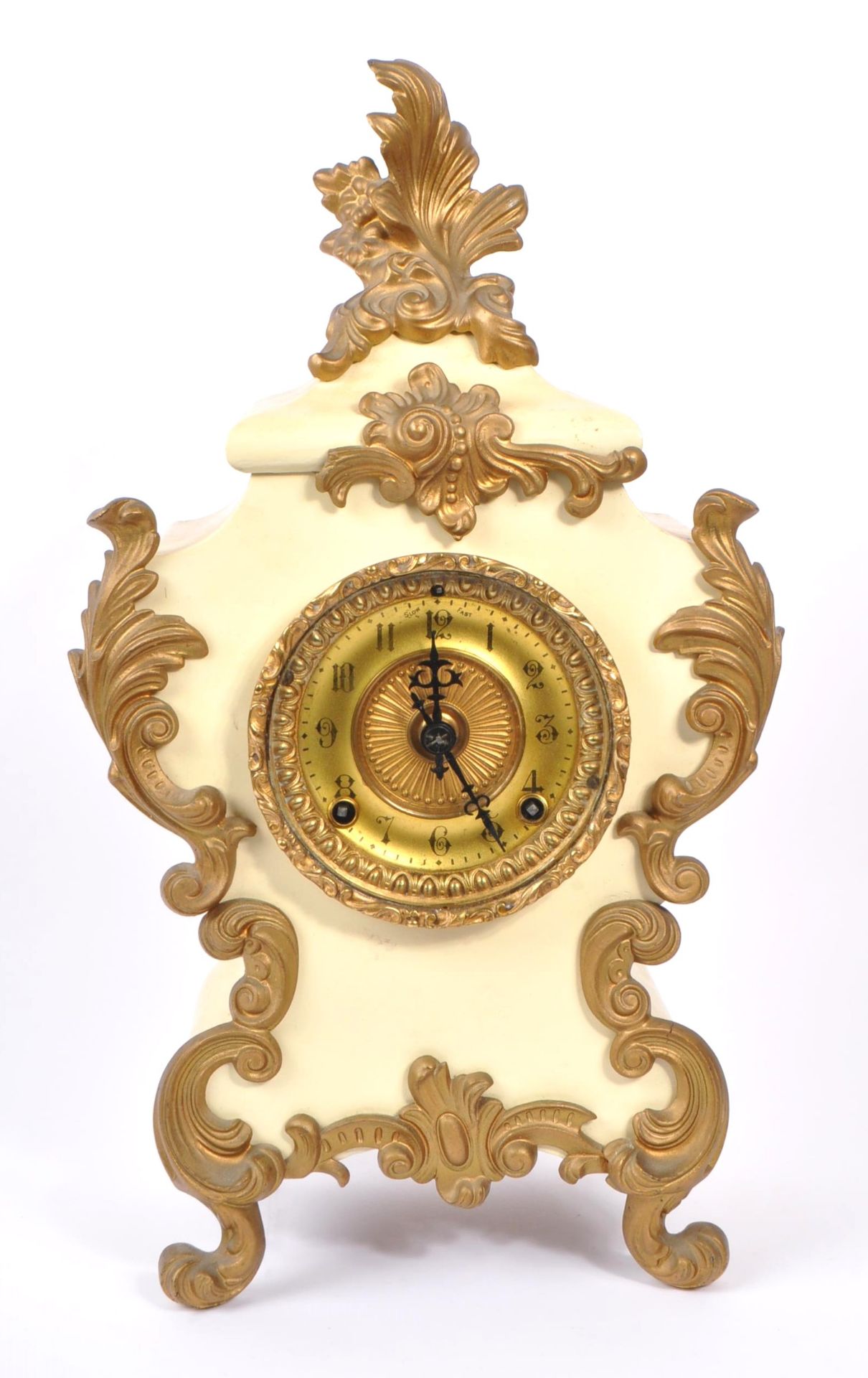 20TH CENTURY DECORATIVE PAINTED METAL MANTEL CLOCK