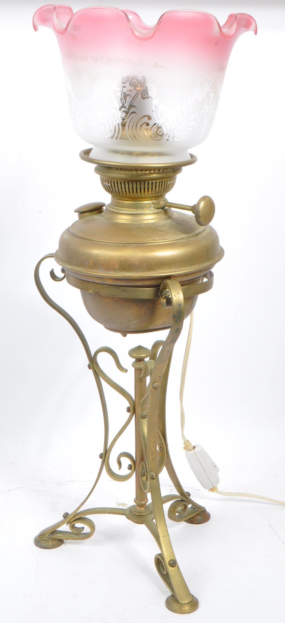 ART NOUVEAU MANNER CONVERTED OIL LAMP WITH PINK SHADE