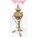 ART NOUVEAU MANNER CONVERTED OIL LAMP WITH PINK SHADE