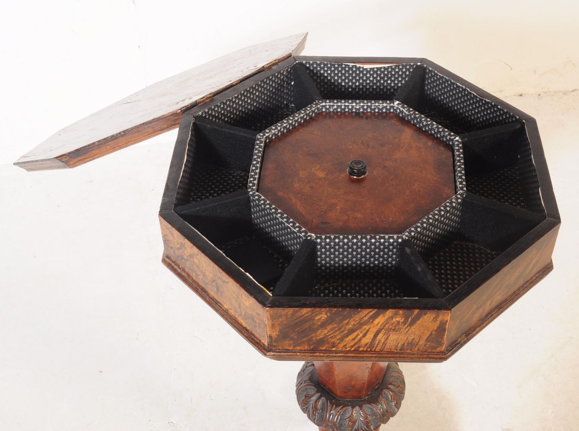 VICTORIAN 19TH CENTURY BURR WALNUT TRUMPET SEWING BOX - Image 4 of 5