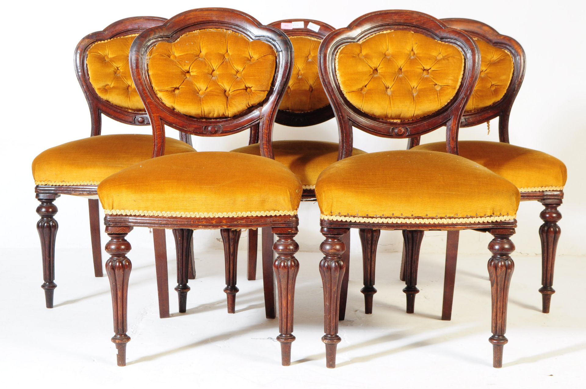 SET OF FIVE VICTORIAN MAHOGANY & YELLOW VELOUR DINING CHAIRS