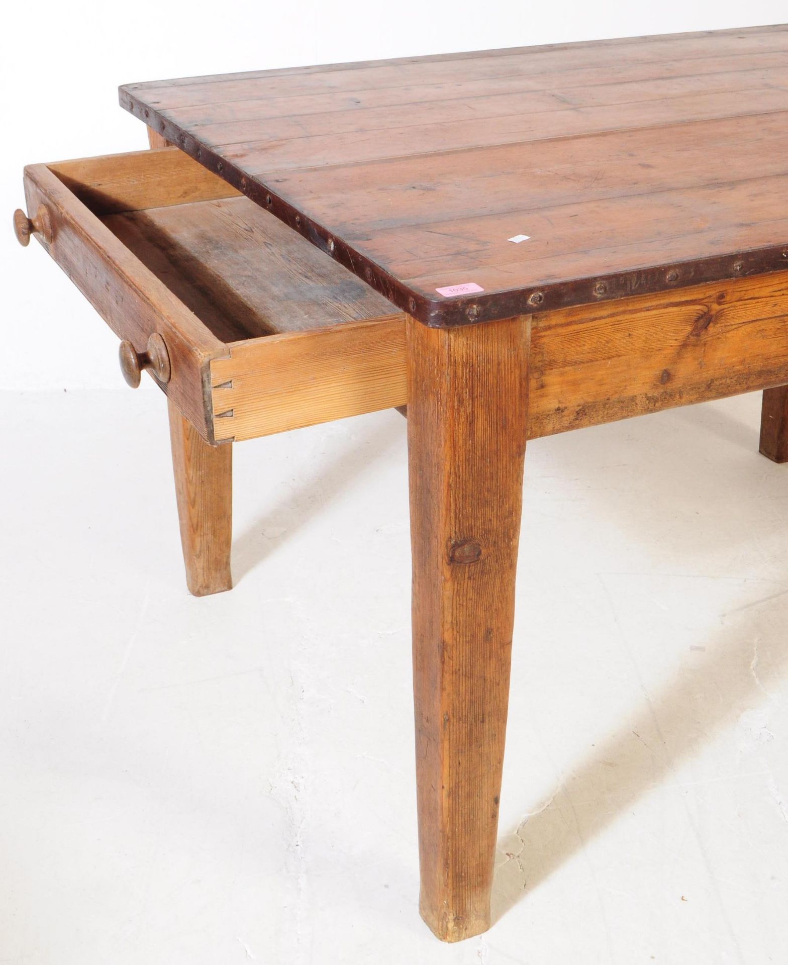 VICTORIAN 19TH CENTURY METAL MOUNT KITCHEN PINE TABLE - Image 3 of 5