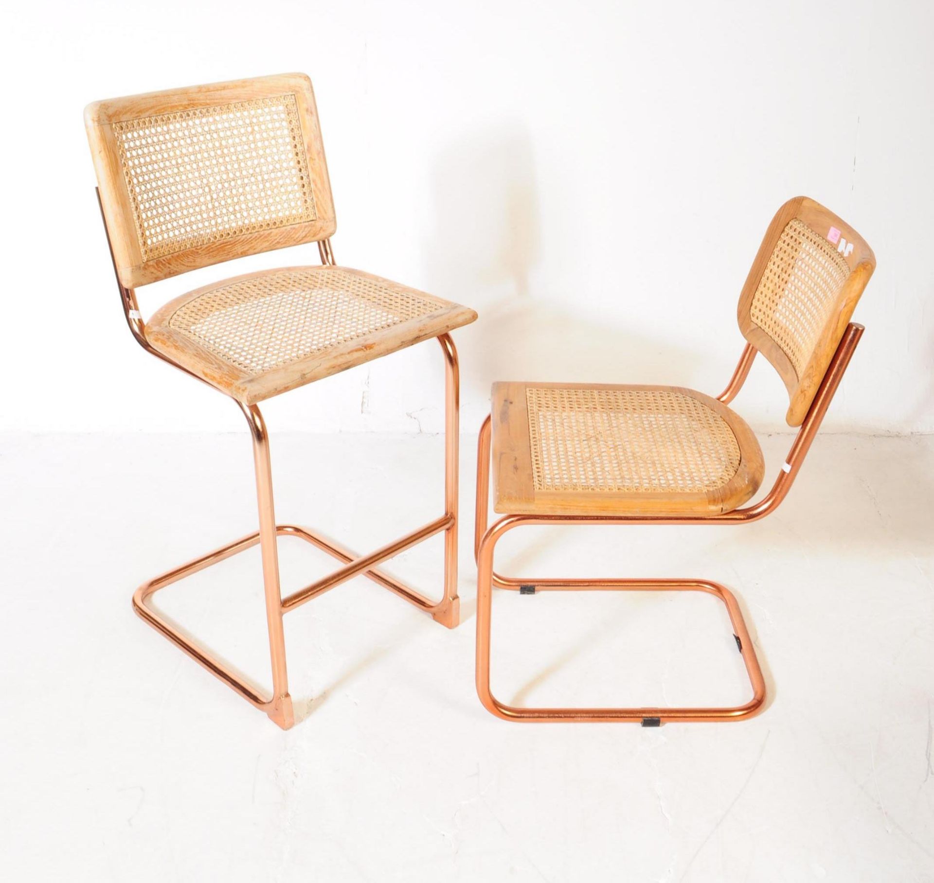 FOUR RATTAN, OAK & ROSE GOLD CHROME CANTILEVER CHAIRS - Image 3 of 5