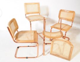 FOUR RATTAN, OAK & ROSE GOLD CHROME CANTILEVER CHAIRS