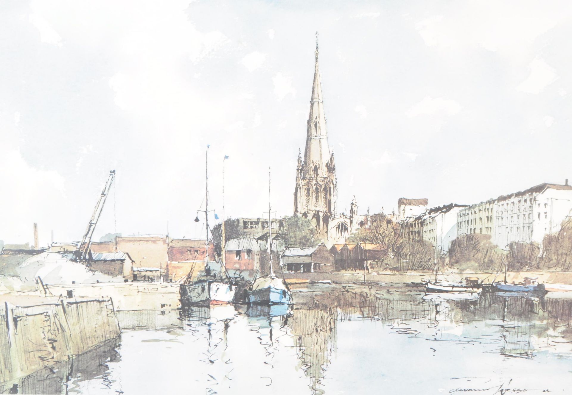 AFTER EDWARD WESSON - DOCKS WATERCOLOUR PRINT - Image 2 of 5