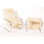 PAIR OF CHROME & UPHOLSTERED CANTILEVER EASY ARMCHAIR