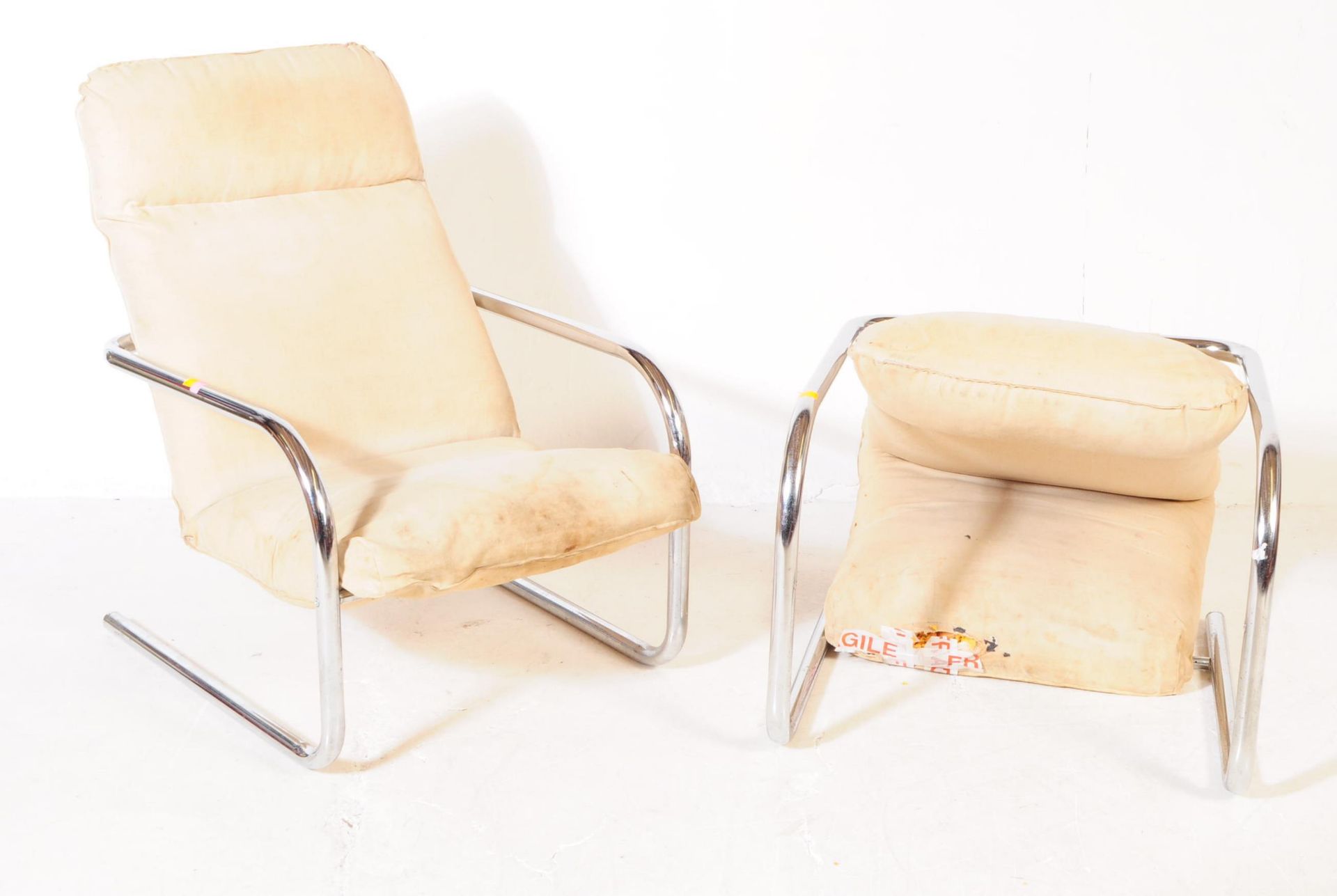 PAIR OF CHROME & UPHOLSTERED CANTILEVER EASY ARMCHAIR