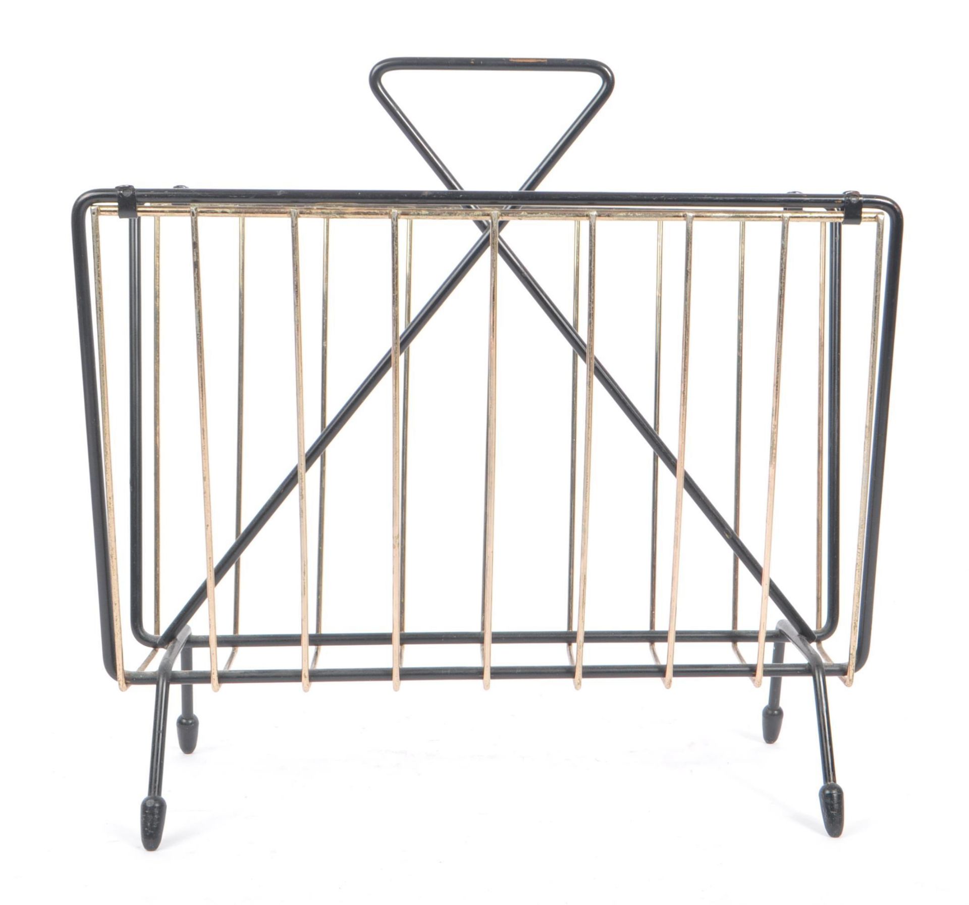 1950 MID CENTURY SPUTNIK ATOMIC BLACK & GOLD WIRE MAGAZINE RACK