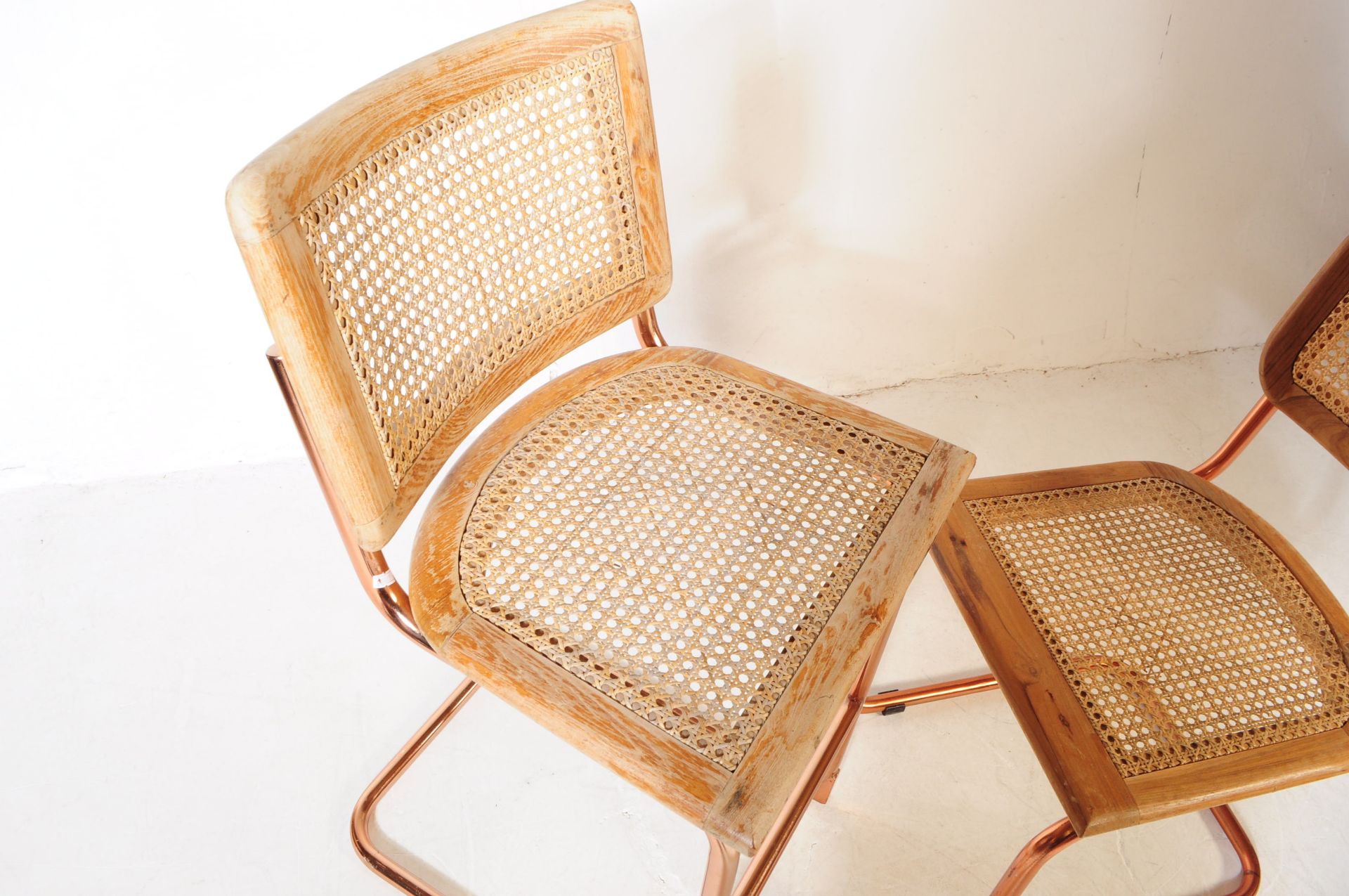 FOUR RATTAN, OAK & ROSE GOLD CHROME CANTILEVER CHAIRS - Image 4 of 5