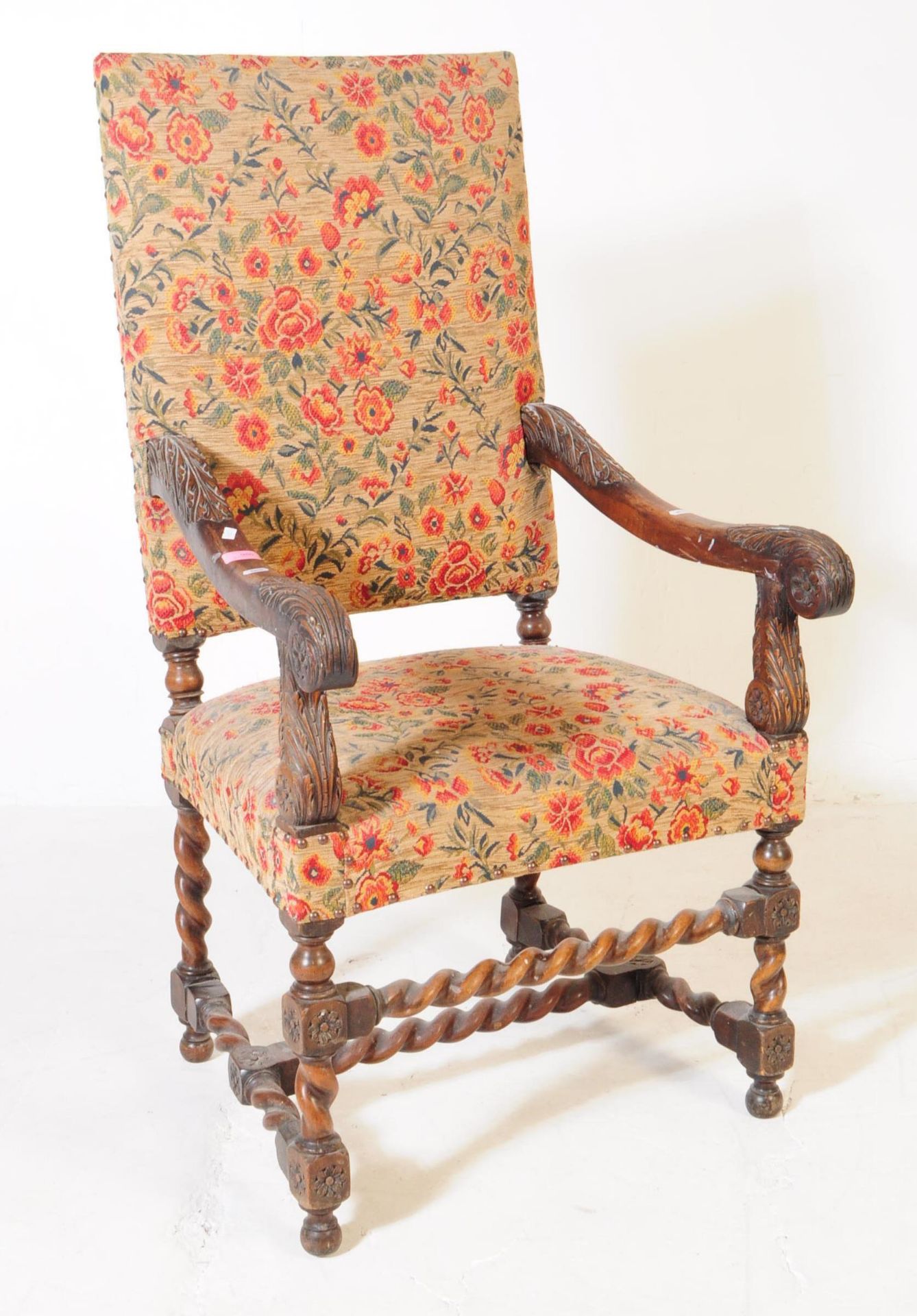 19TH CENTURY CAROLEAN BARLEY TWIST THRONE ARMCHAIR