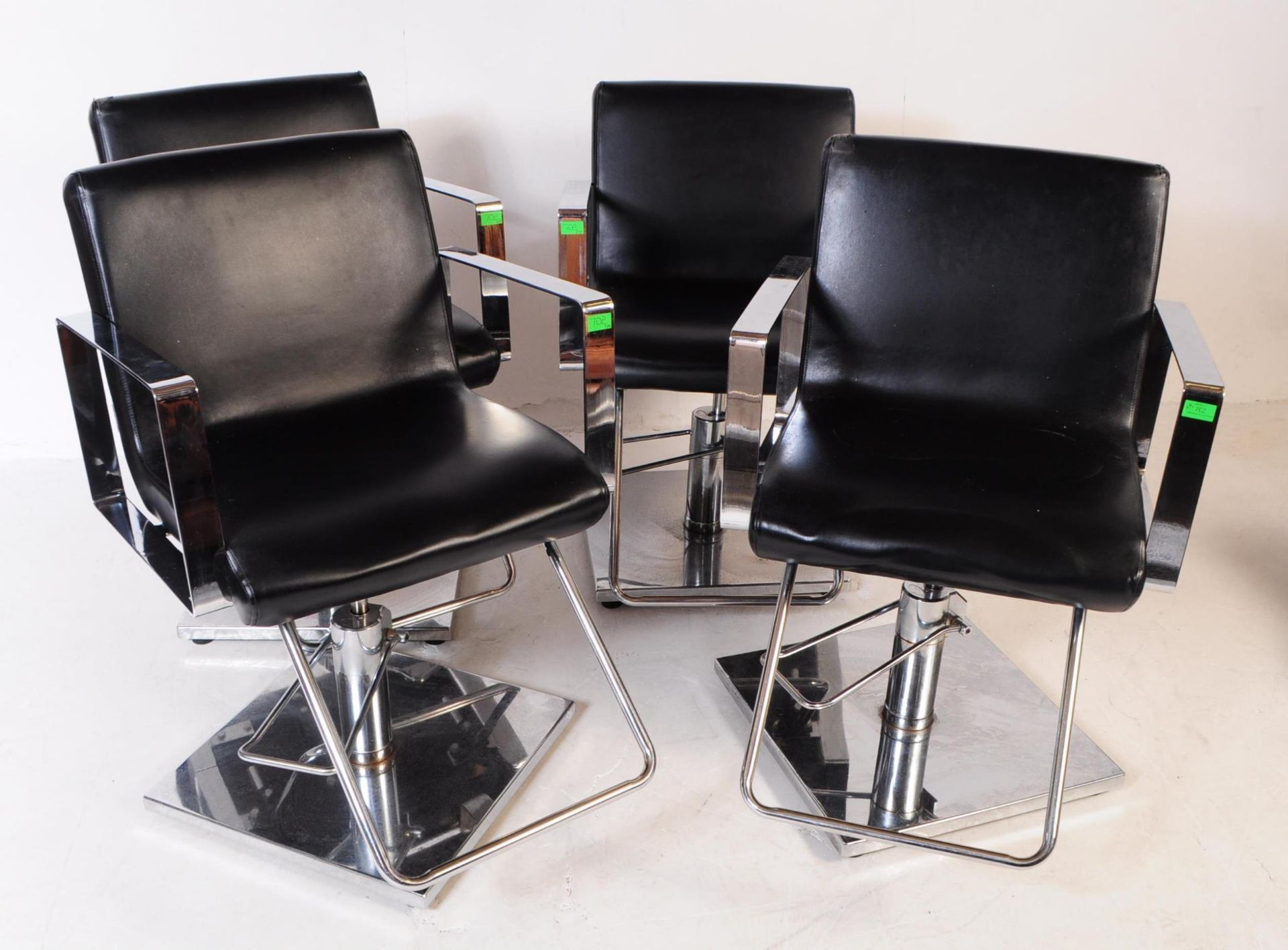 FOUR CONTEMPORARY BLACK VINYL SALON BARBER CHAIRS / ARMCHAIRS - Image 2 of 8