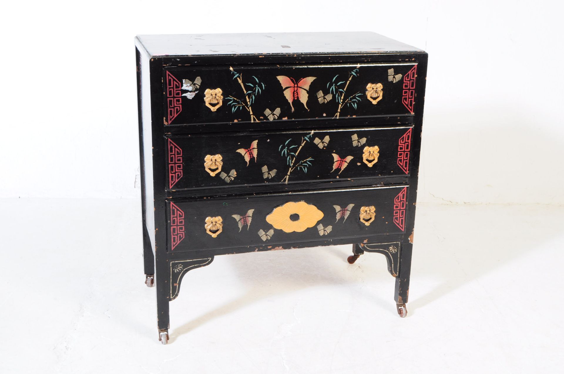 CHINESE MANNER BLACK LACQUERED CHEST OF DRAWERS