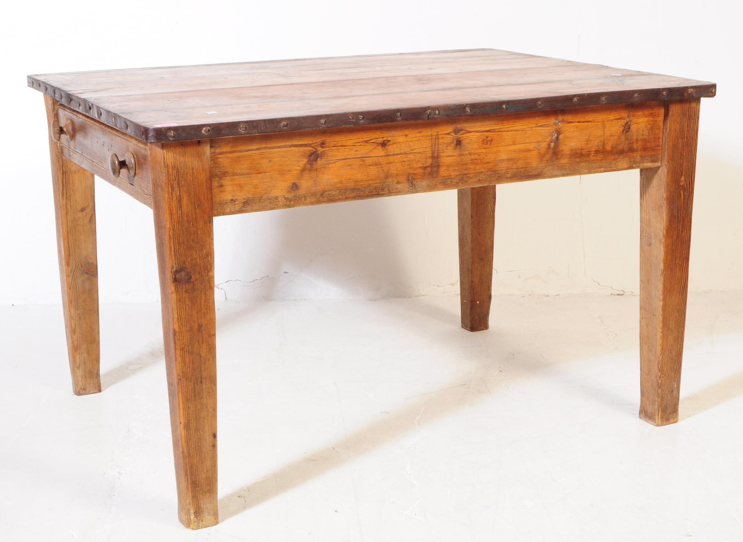 VICTORIAN 19TH CENTURY METAL MOUNT KITCHEN PINE TABLE