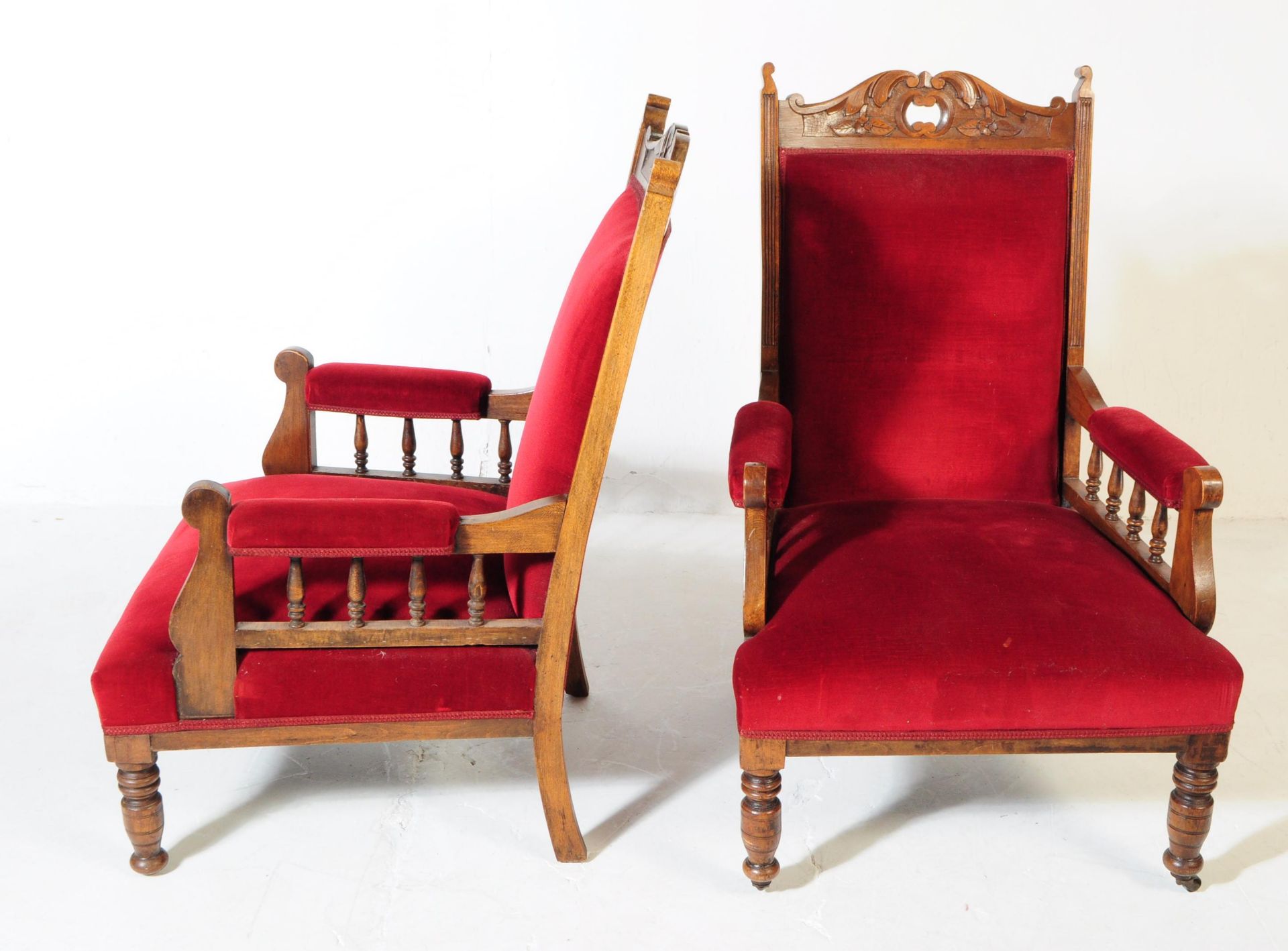 PAIR OF VICTORIAN WALNUT OAK ARMCHAIRS - Image 4 of 6