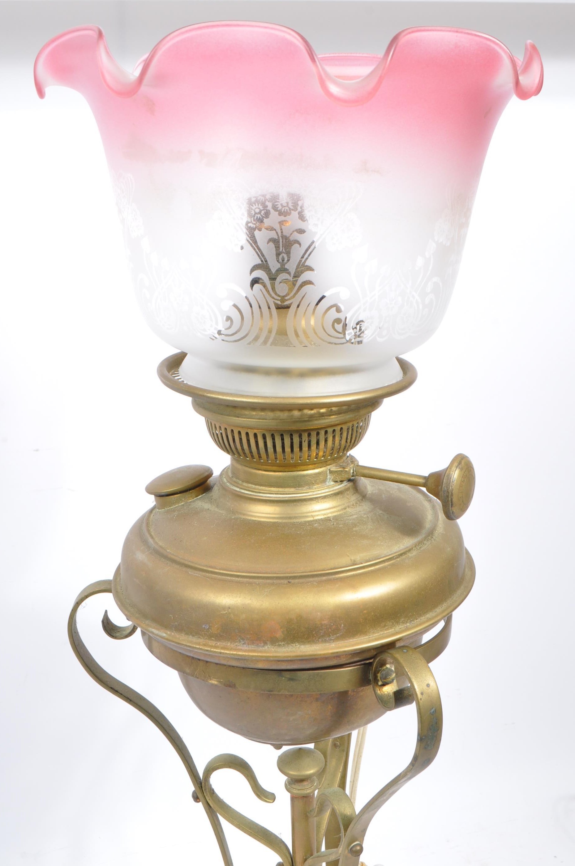 ART NOUVEAU MANNER CONVERTED OIL LAMP WITH PINK SHADE - Image 2 of 5