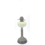 VICTORIAN BRASS OIL LAMP WITH GREEN GLASS RESERVOIR