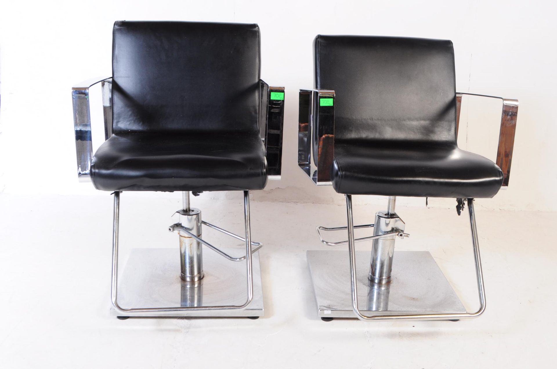 FOUR CONTEMPORARY BLACK VINYL SALON BARBER CHAIRS / ARMCHAIRS - Image 6 of 8