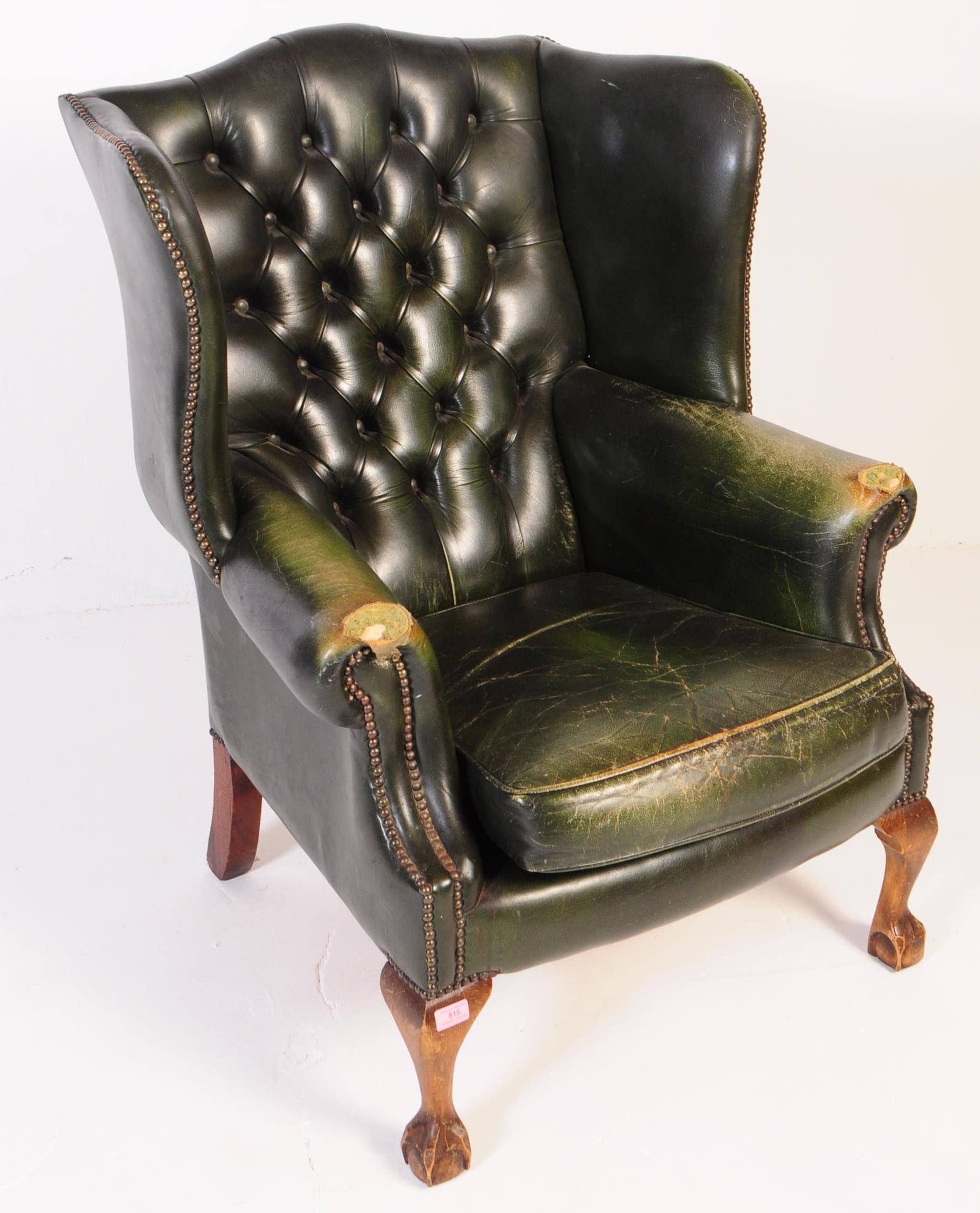 20TH CENTURY GREEN LEATHER WINGBACK ARMCHAIR - Image 2 of 6