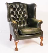 20TH CENTURY GREEN LEATHER WINGBACK ARMCHAIR