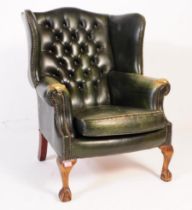 20TH CENTURY GREEN LEATHER WINGBACK ARMCHAIR
