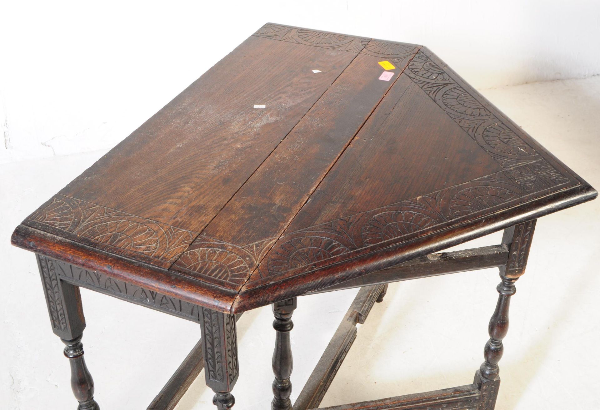 19TH CENTURY VICTORIAN CARVED OAK TOP DROP LEAF TABLE - Image 3 of 6