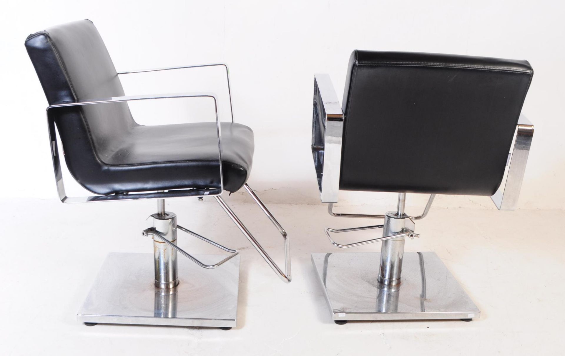 FOUR CONTEMPORARY BLACK VINYL SALON BARBER CHAIRS / ARMCHAIRS - Image 7 of 8