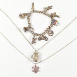 SILVER CHARM BRACELET & TWO PENDANT NECKLACES