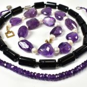 THREE AMETHYST & ONYX BEADED NECKLACES