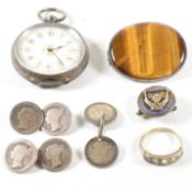 COLLECTION OF SILVER JEWELLERY & TIGER'S EYE & WHITE METAL BROOCH PIN