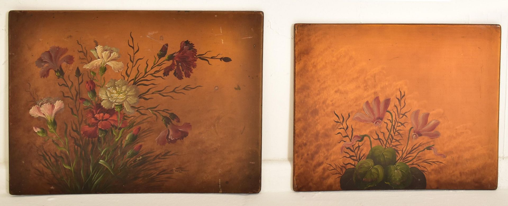 TWO VICTORIAN HAND PAINTED FLORAL DECORATIVE PANELS