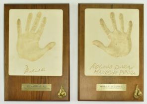 BOXING INTEREST - TWO HANDPRINT PLAQUES, OF ALI & DURAN