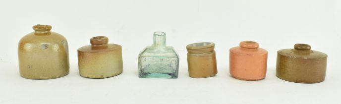 COLLECTION OF VICTORIAN STONEWARE INKWELLS & ONE GLASS