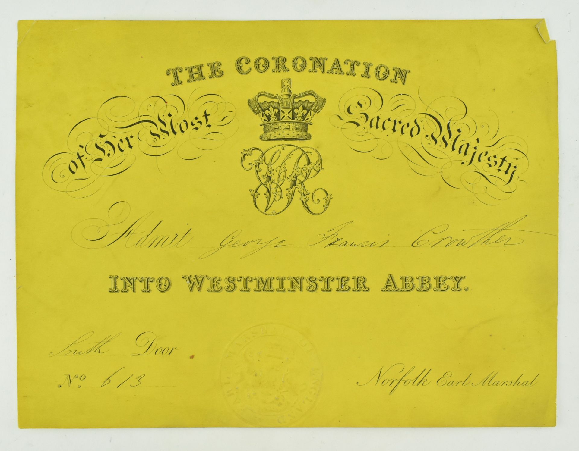 QUEEN VICTORIA - ORIGINAL QUEEN'S CORONATION INVITATION