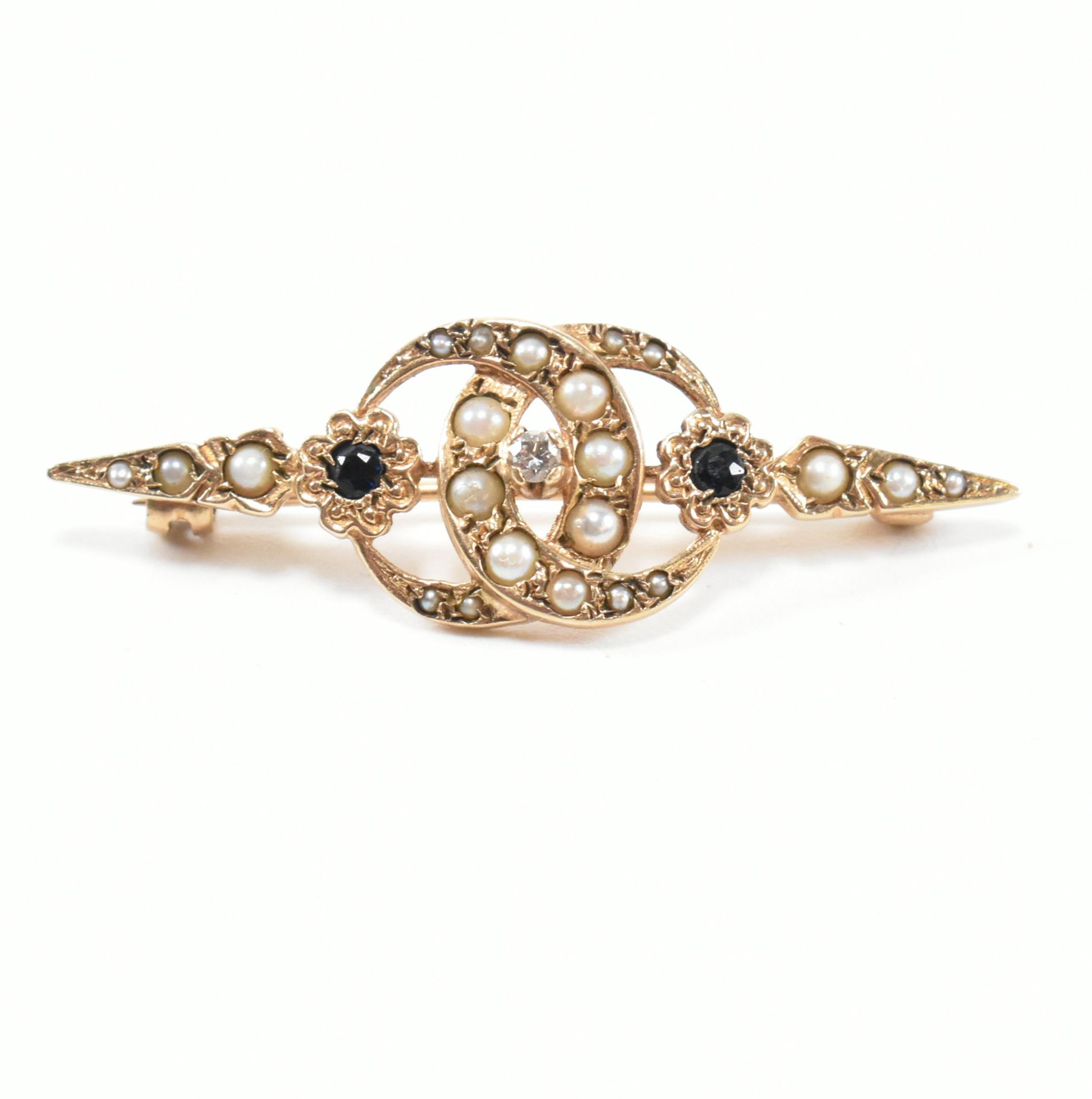 HALLMARKED 9CT GOLD SAPPHIRE & DIAMOND & SEED PEARL BROOCH PIN - Image 2 of 7