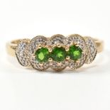 HALLMARKED 9CT GOLD DIOPSIDE & DIAMOND THREE STONE RING