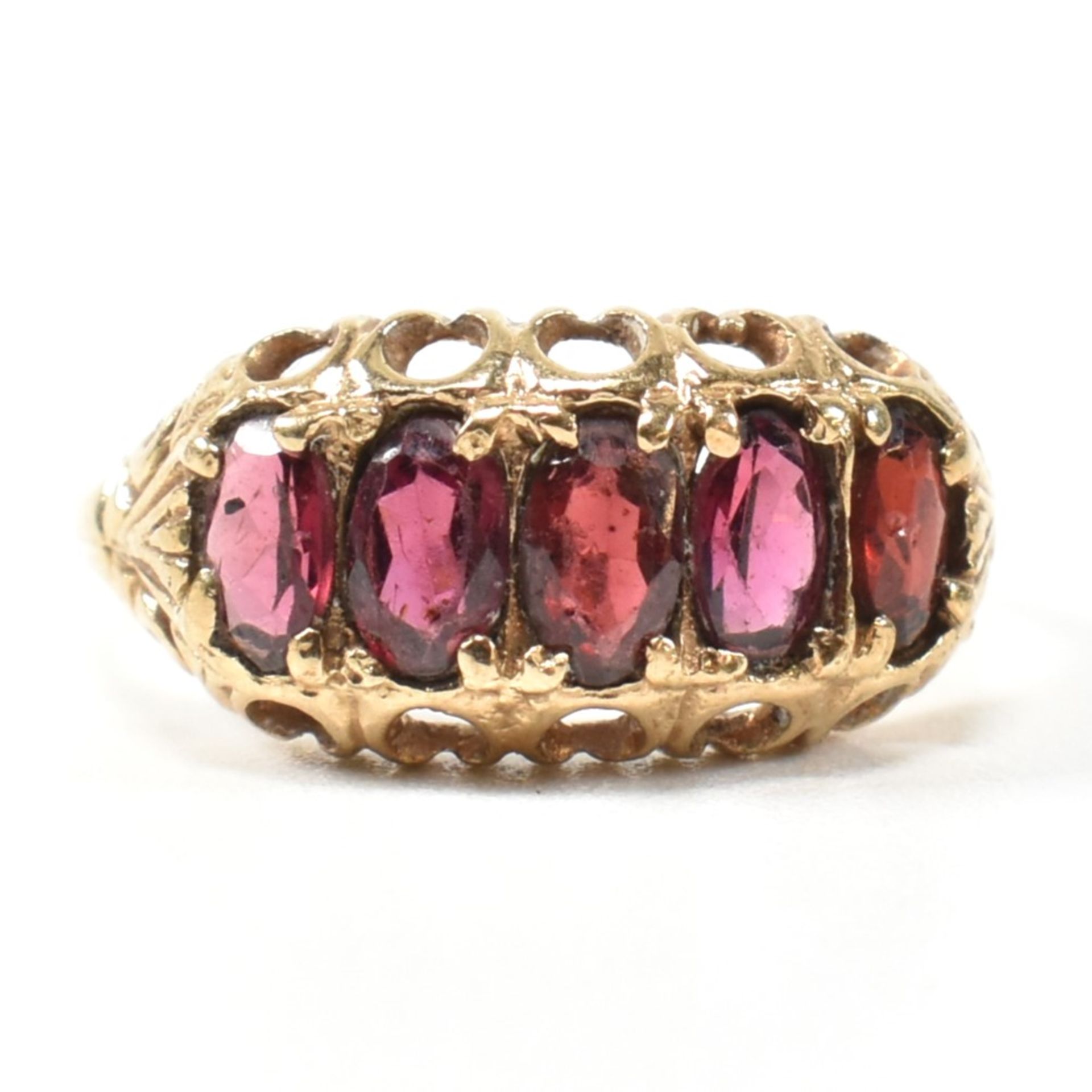 HALLMARKED 9CT GOLD & GARNET FIVE STONE HALF HOOP RING